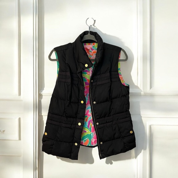 Lily Pulitzer black Puffer Vest with Signature Colorful Lining - Picture 1 of 6
